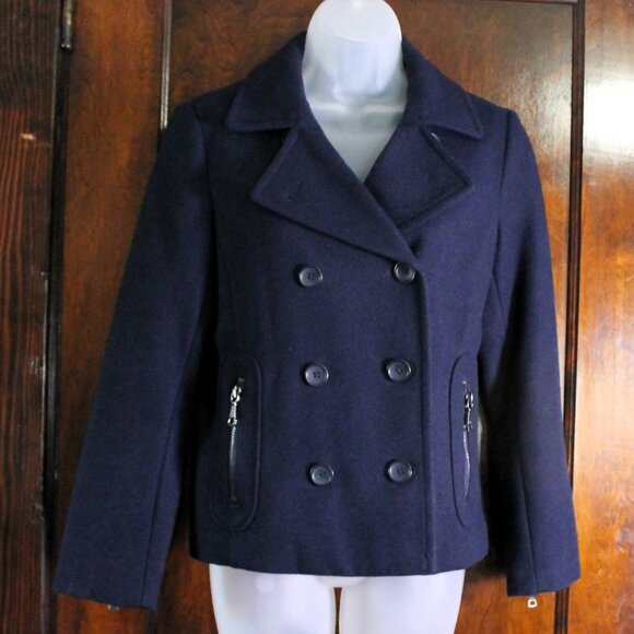 Banana Republic Factory Navy Blue Pea Coat, Petite Small - Picture 2 of 12